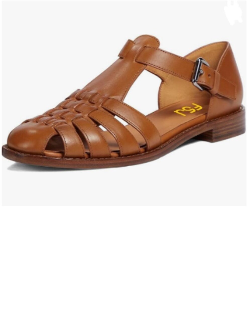 FSJ Brown Retro Closed Toe Sandals Low Block Heel Woven Roman Ankle Strap Sandal